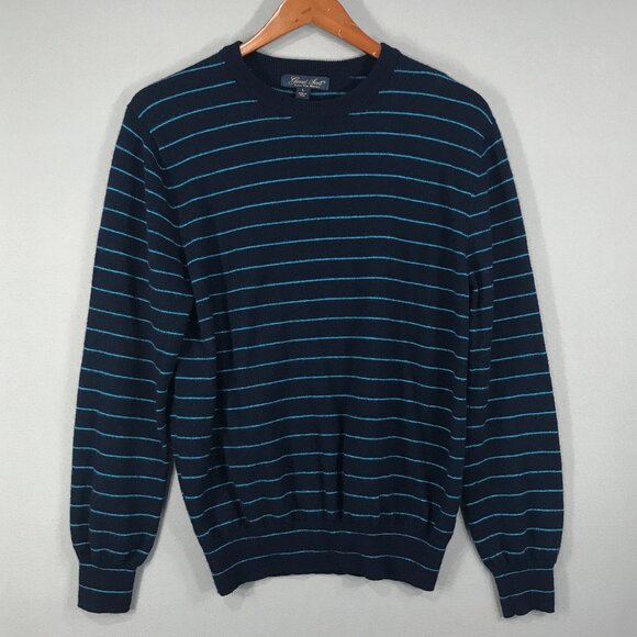 Garret Scott Sweater Men Large Blue Striped Pullover Wool Crew Extra Fine Merino - Picture 1 of 12